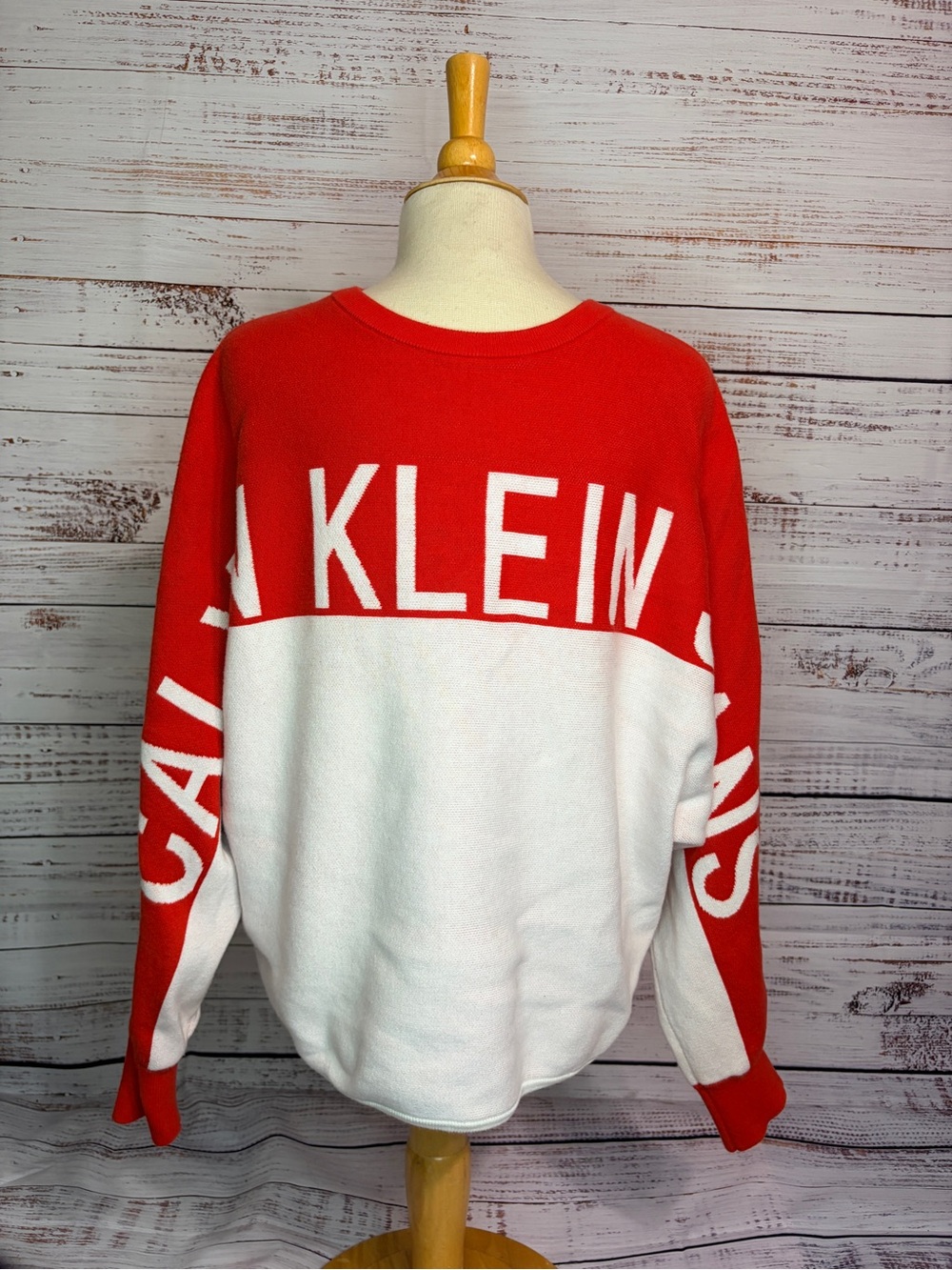 Calvin Klein Red White Logo Colorblock Crewneck Sweater Statement Streetwear